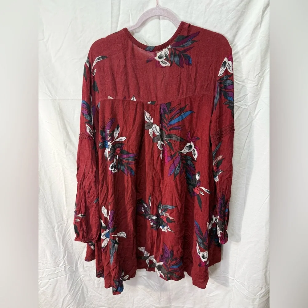Free People Tree Swing Burgundy Mini Dress Boho Rayon Tunic Long Sleeve Babydoll